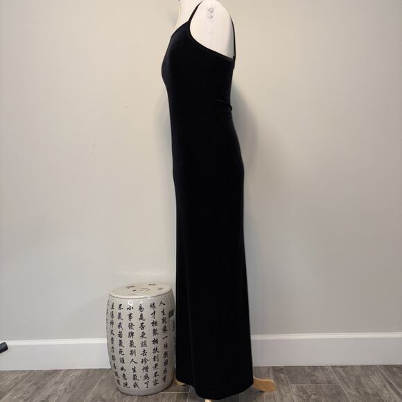 Vintage 90s Jump Black Stretch Velvet Spaghetti Strap Column Gown Back Vent 5/6 - Picture 3 of 13